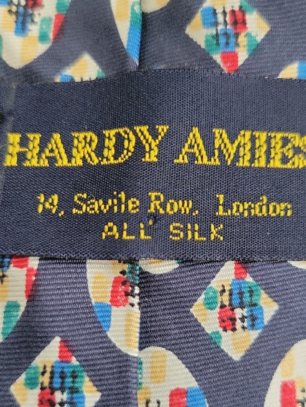 Vintage Hardy Amies Navy Silk Tie with Multicolor Oval Medallions